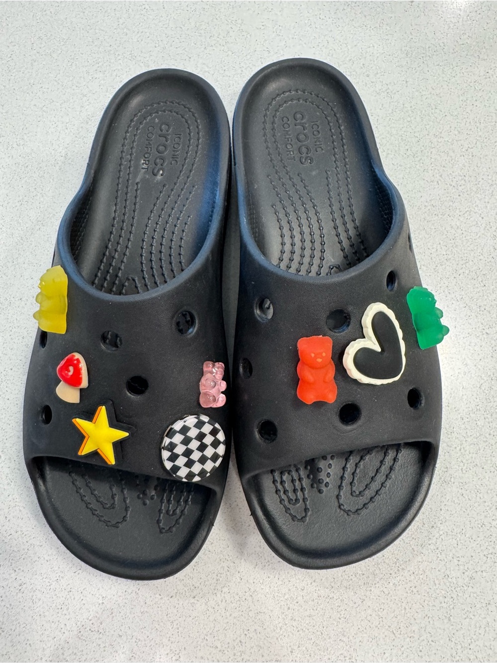 CROCS Women 7 Platforms Black Slide Sandals with Colorful Charm Accents